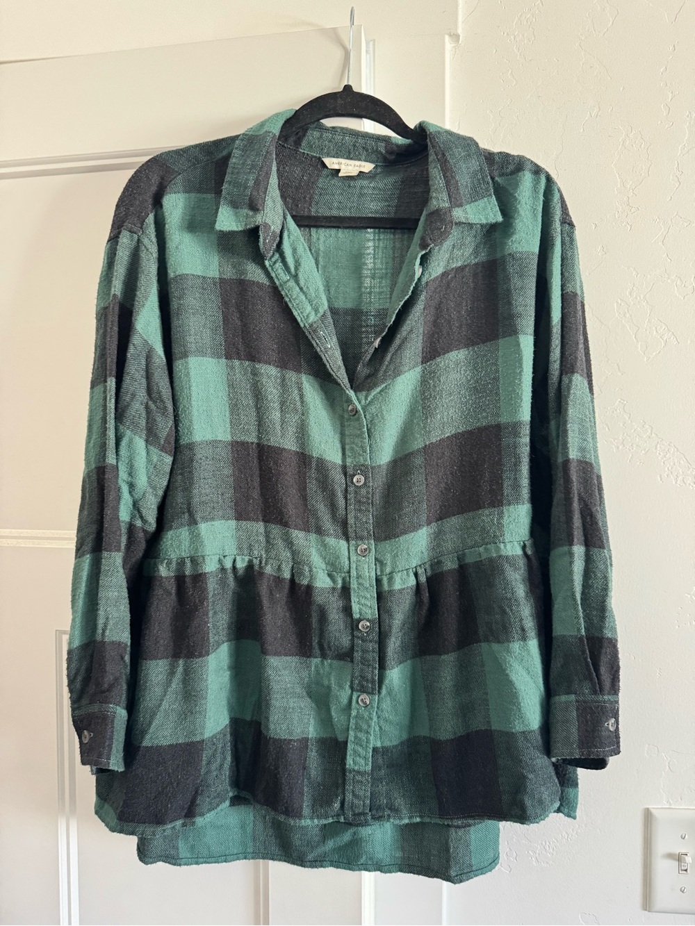 American Eagle Outfitters Teal and Black Plaid Button-Down Shirt
